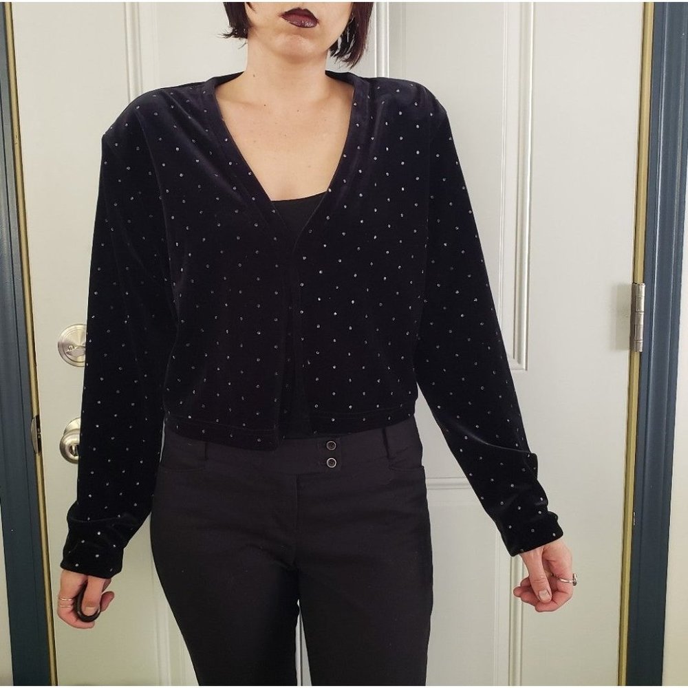 90s Black Velvet Cropped Cardigan